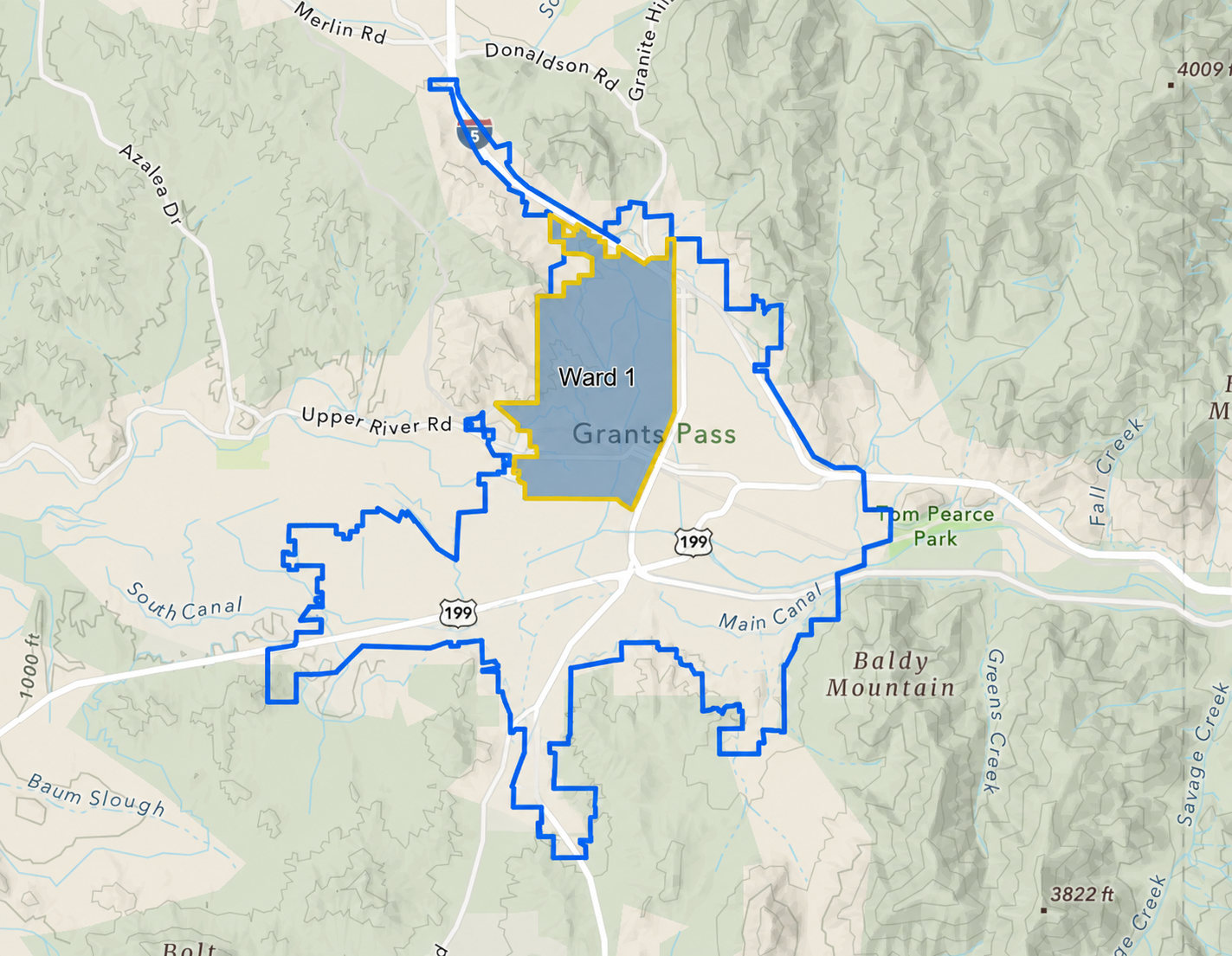 Map of Grants Pass City Council Ward 1 boundary